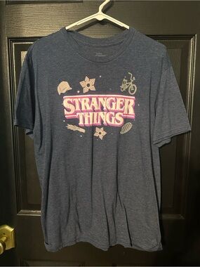 Netflix Stranger Things Navy Blue Graphic Tee with Pink Logo